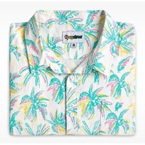 Tipsy Elves Mens 3XL Tropical Palm Tree Button Down Shirt White Teal Pink Yellow
